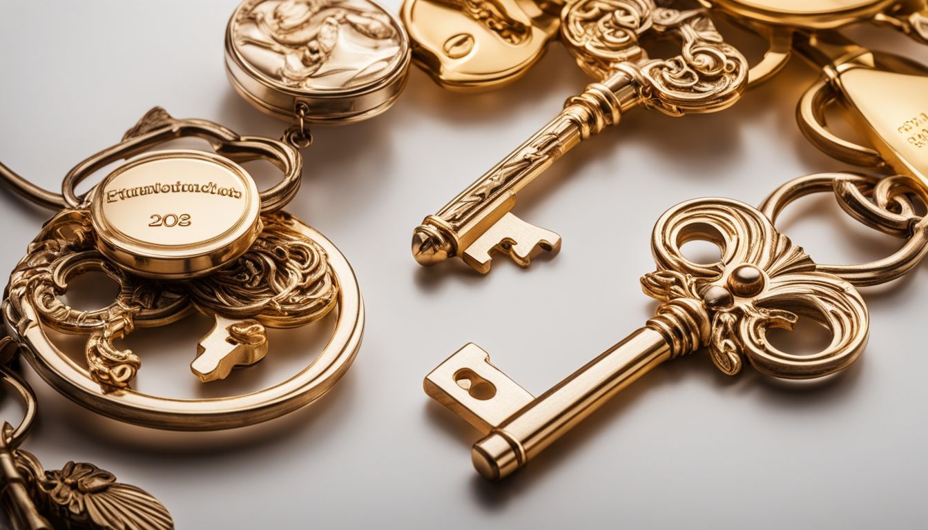 A photo of a golden key with various people, hair styles, and outfits.