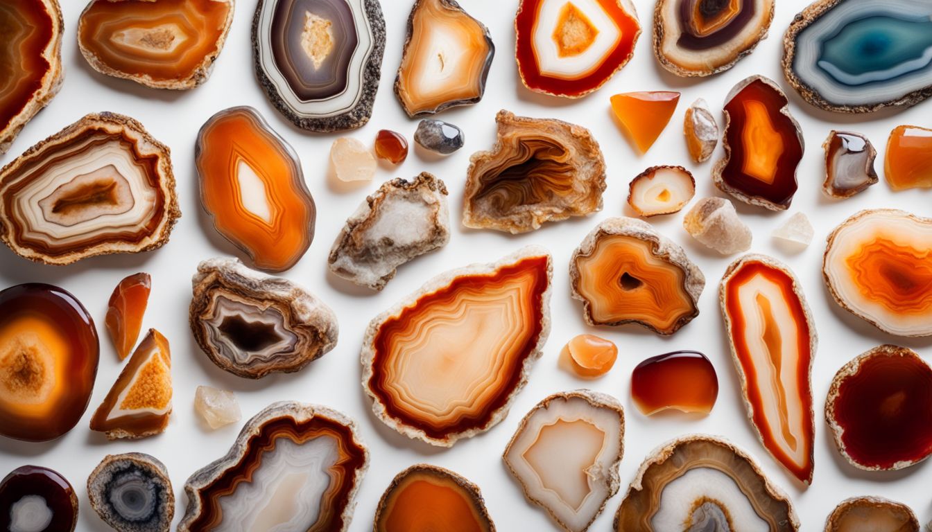 A vibrant collection of agate slices arranged on a white background, creating a colorful and lively still life composition.