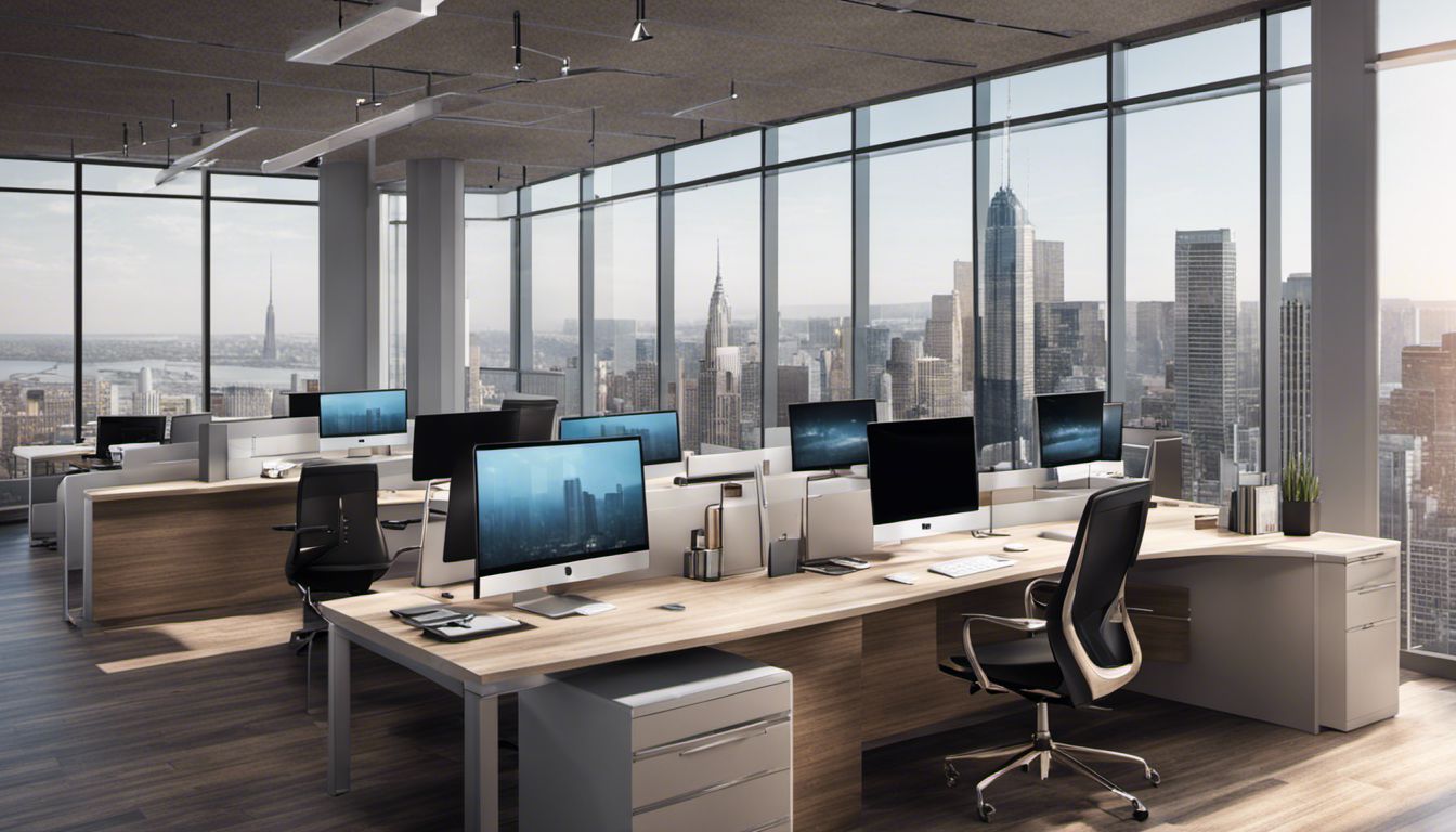 A clean and modern office with empty desks and large windows offering a view of the cityscape.