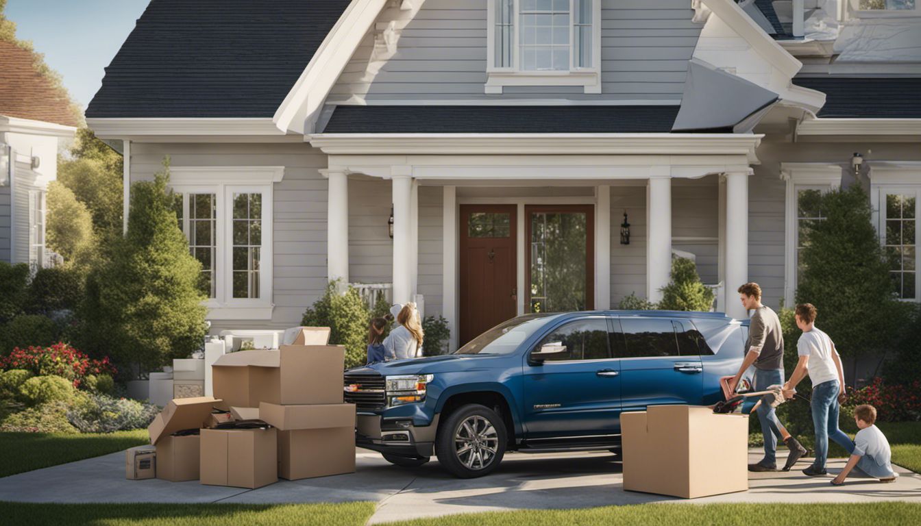Efficient movers unload belongings into a suburban house, amidst a picturesque neighbourhood with children playing nearby.
