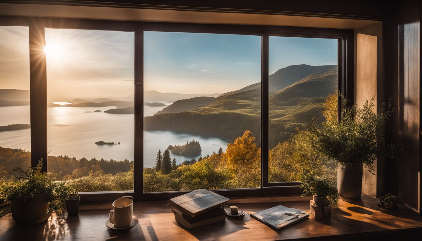 An open window frames a beautiful landscape in vibrant detail.