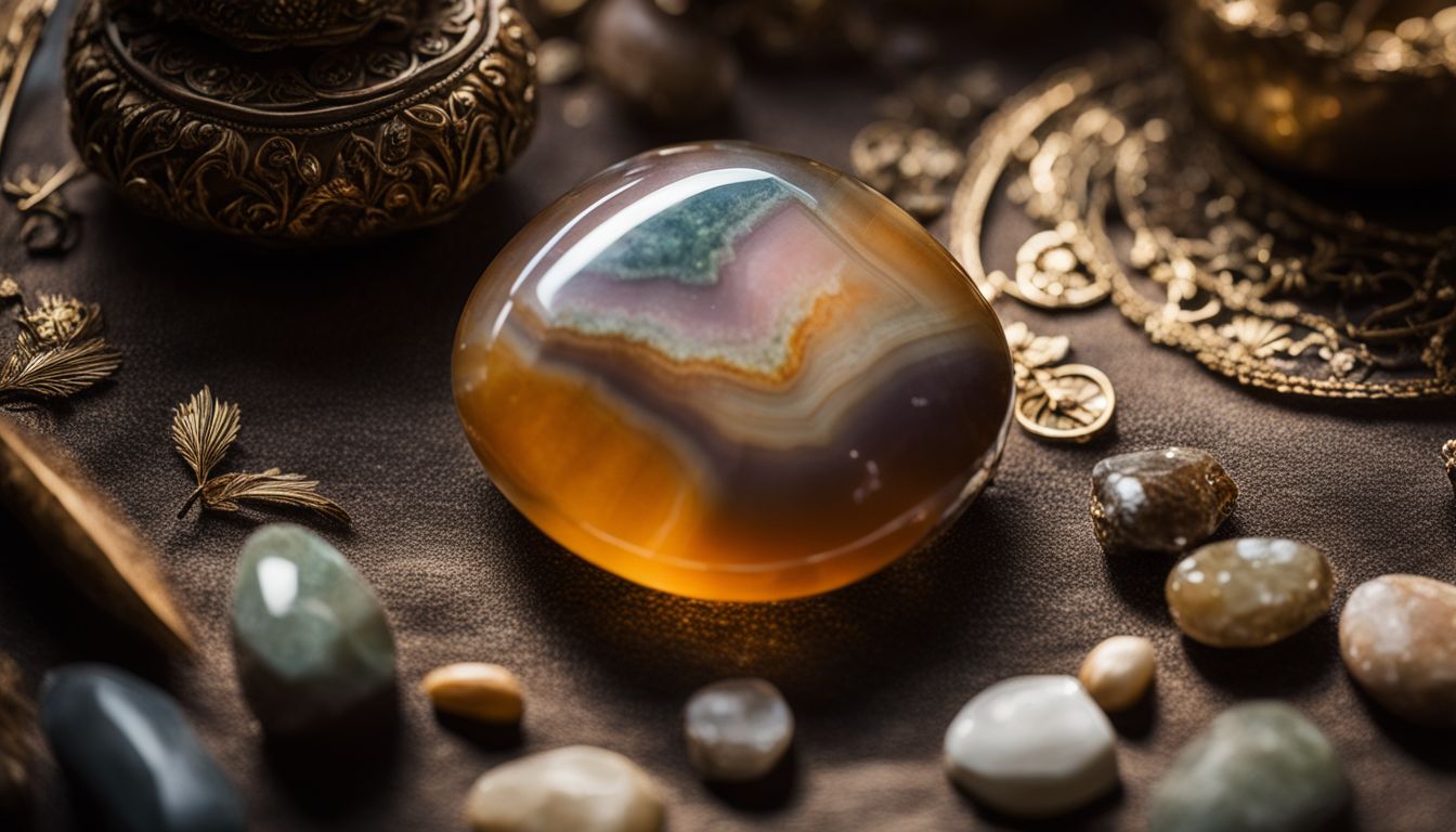 A close-up of a shimmering Indian Agate stone surrounded by historical Indian artifacts in a bustling atmosphere.