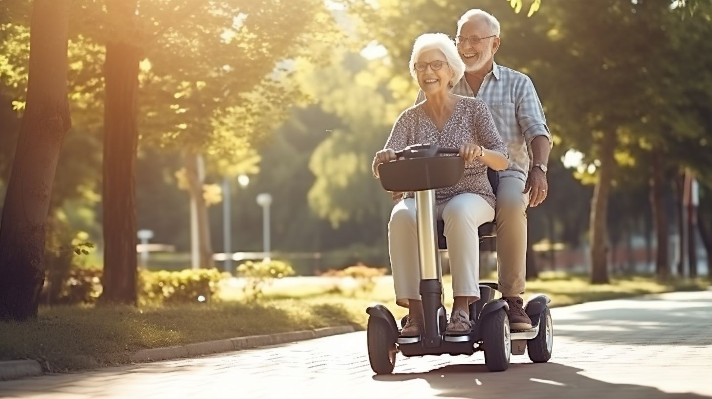 Een senior echtpaar geniet samen van een park op hun inklapbare scooters.
