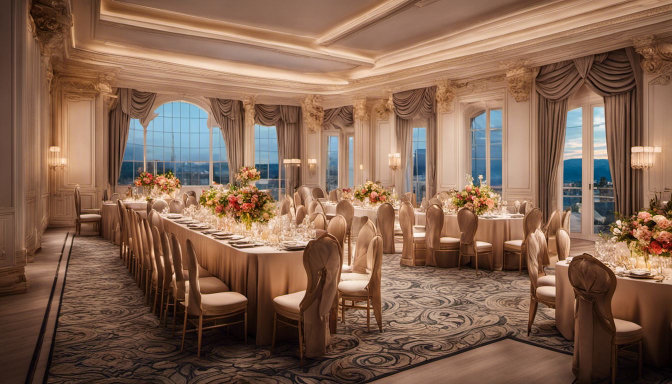 The image shows a lavish event venue with elegant decorations and vibrant floral arrangements.