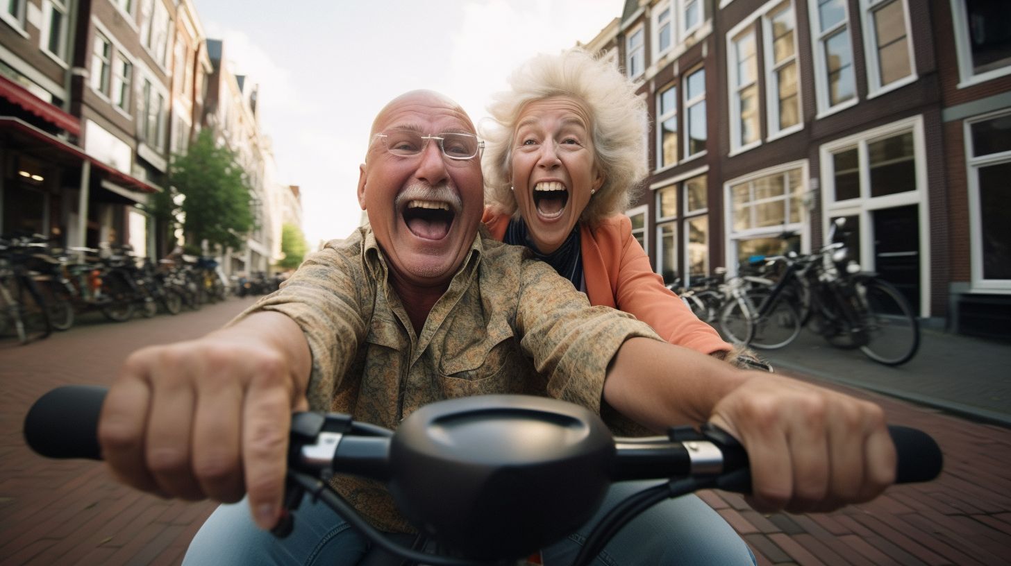 Een ouder echtpaar geniet op een scootmobiel door de straten van Amsterdam.
