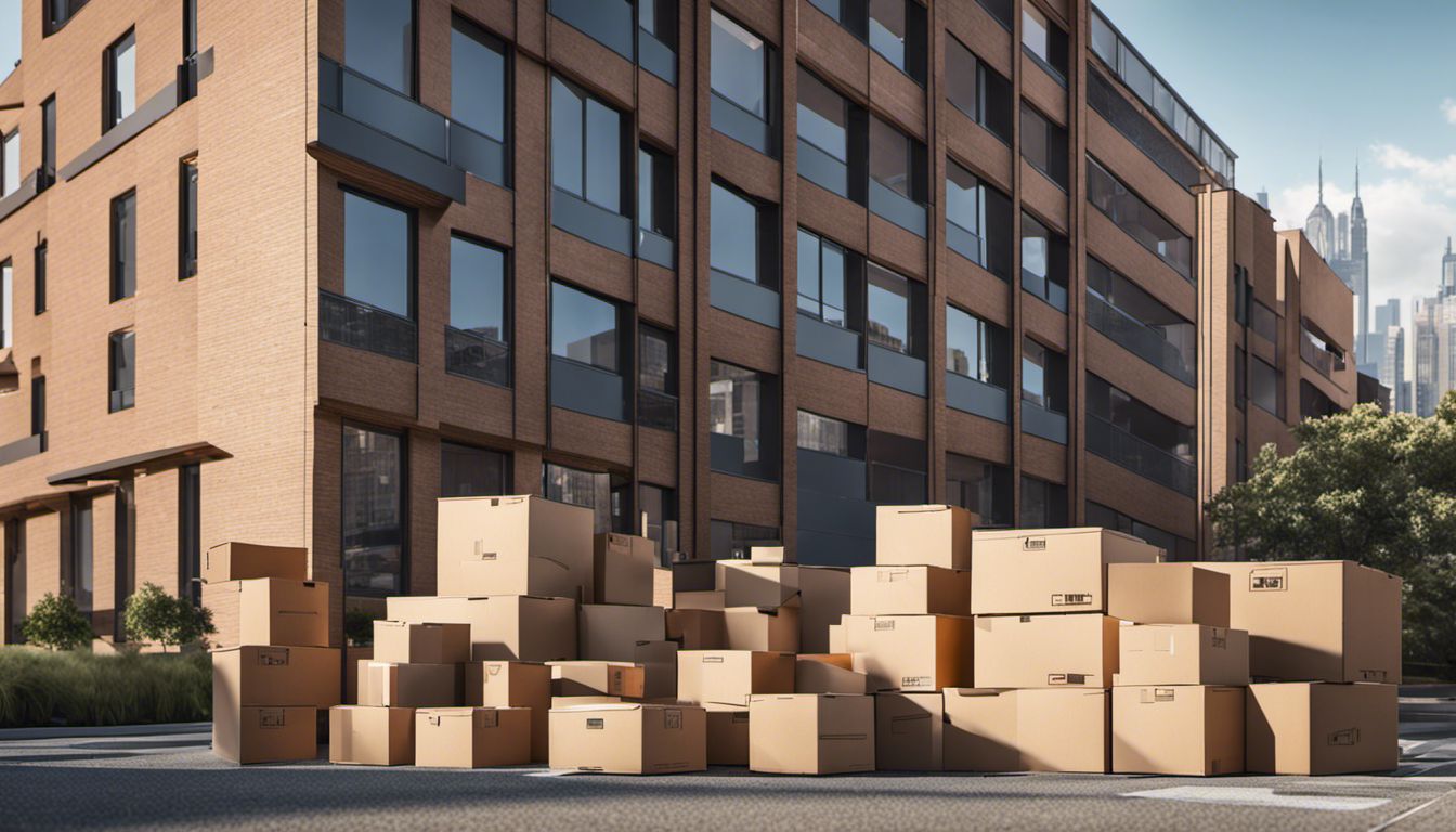 A stack of moving boxes outside an apartment building represents the organized chaos of relocation.
