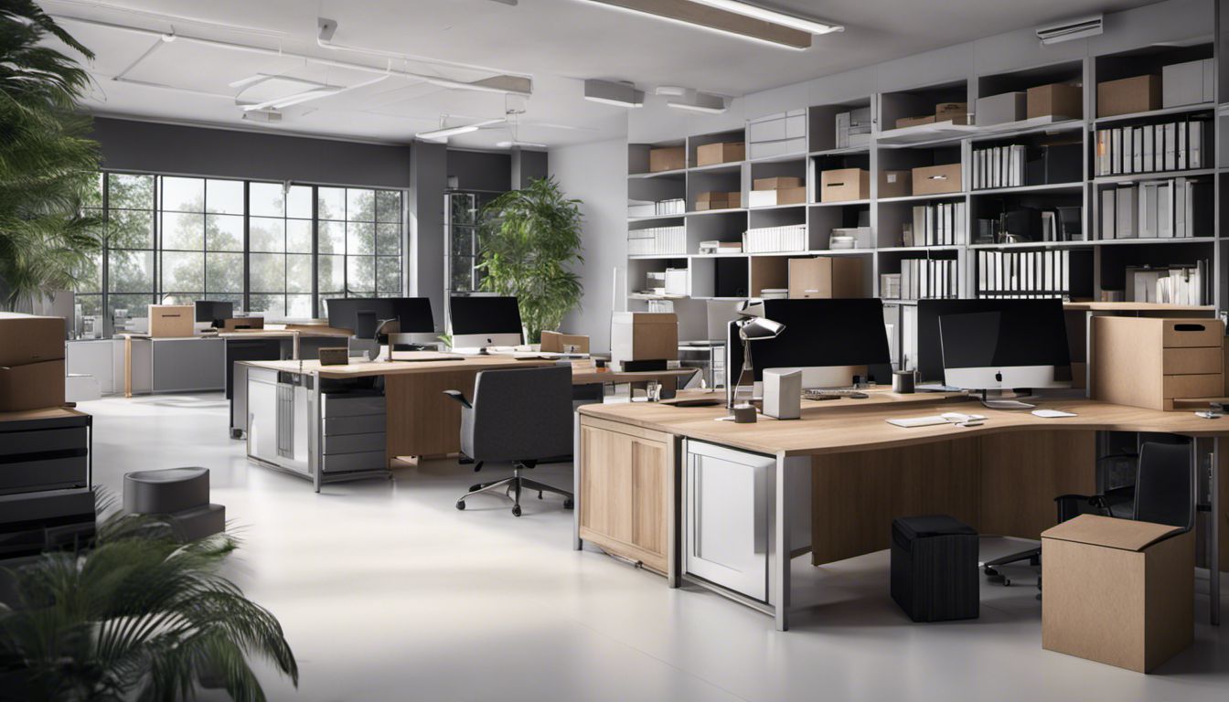 An organized and fully equipped office space with packed boxes, computers, and modern furniture.