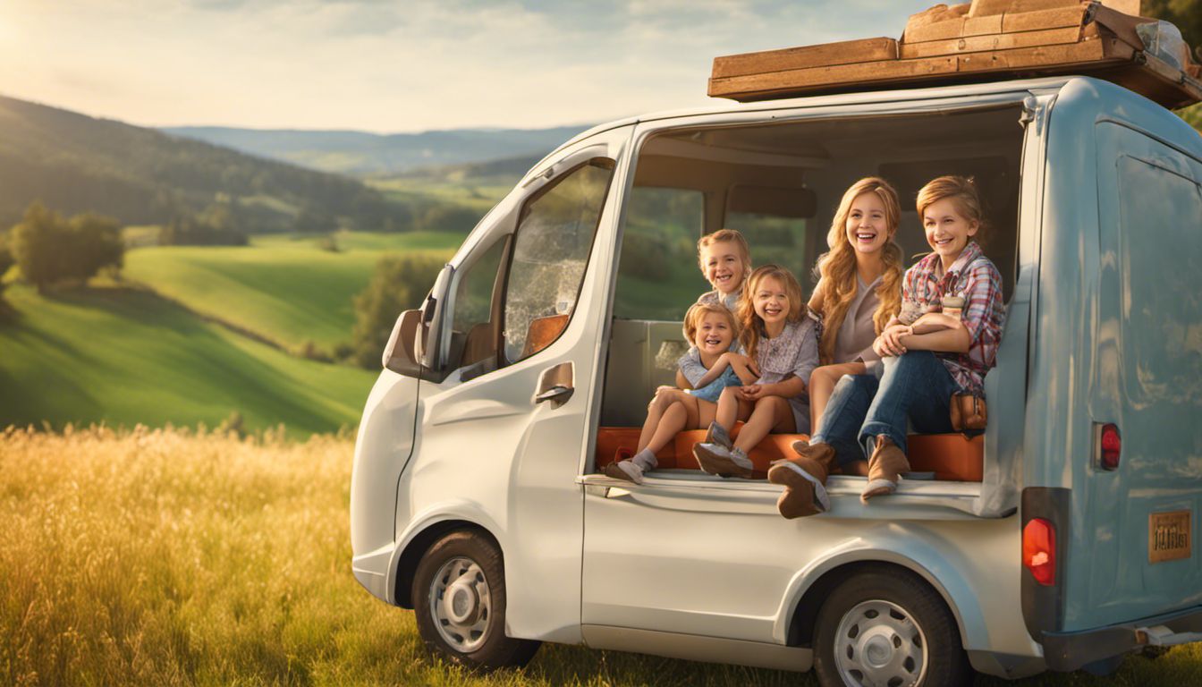 A cheerful family sits on a moving van, radiating happiness and anticipation for a new adventure in the countryside.