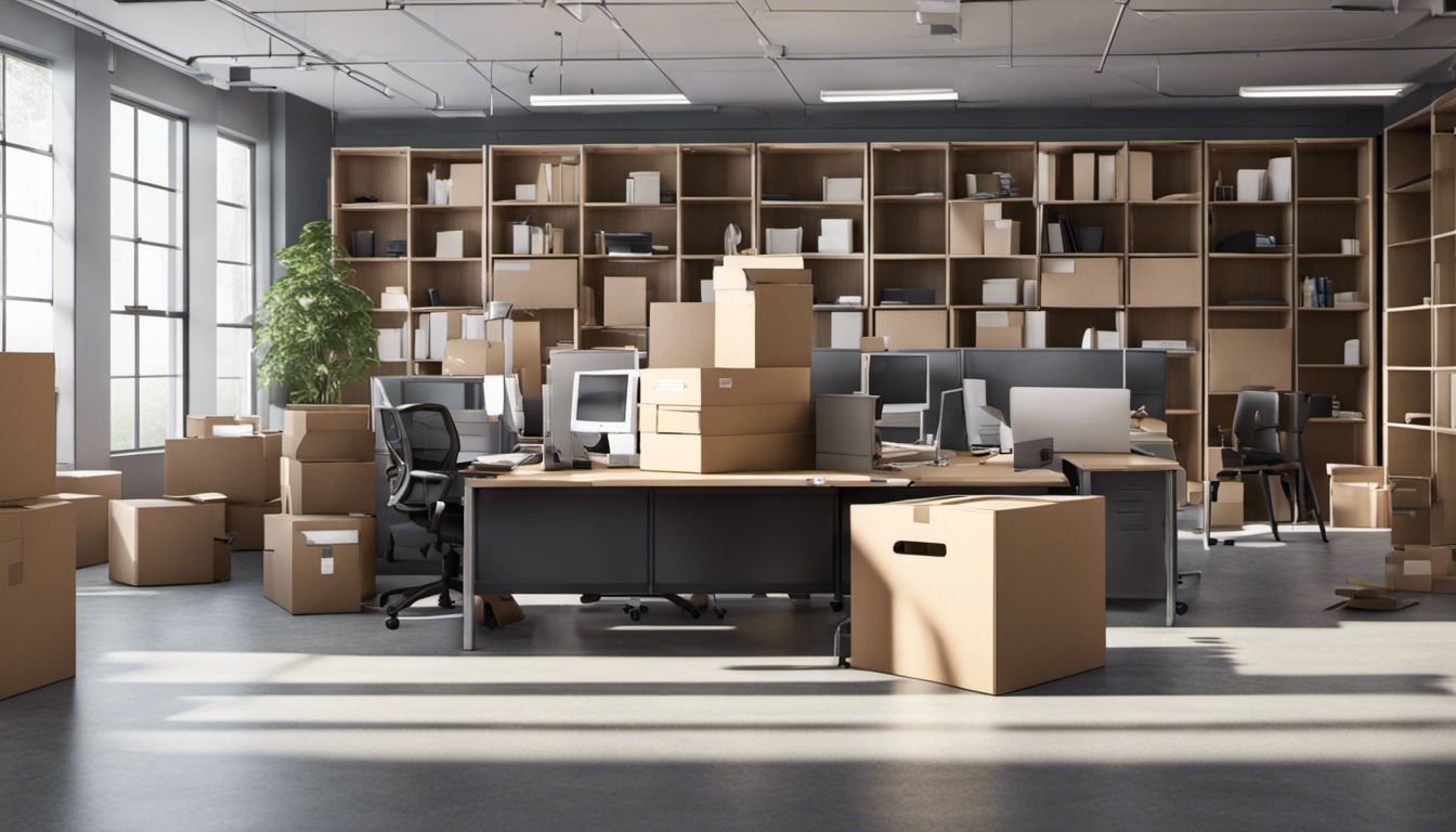 Professional movers navigate through a busy office, deftly moving bulky furniture and boxes during a relocation.