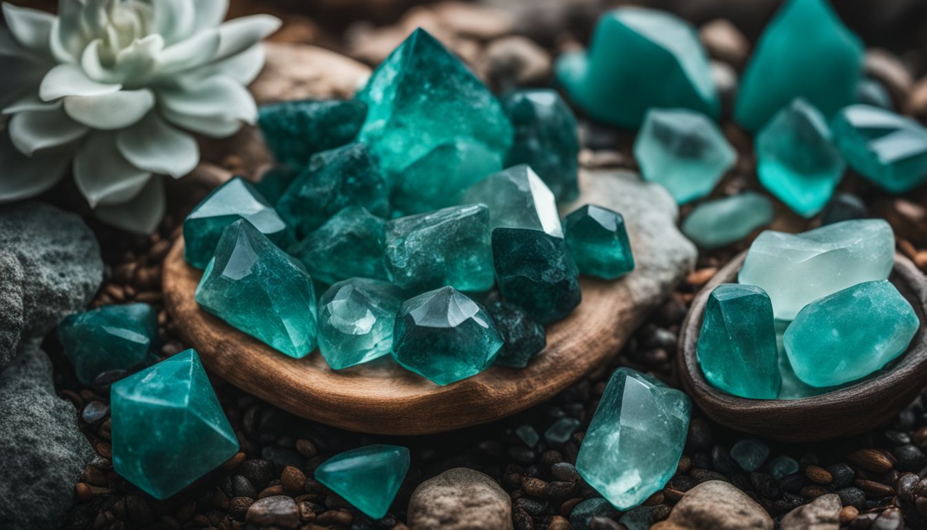 A collection of teal healing crystals arranged in a peaceful garden, captured with professional photography equipment.
