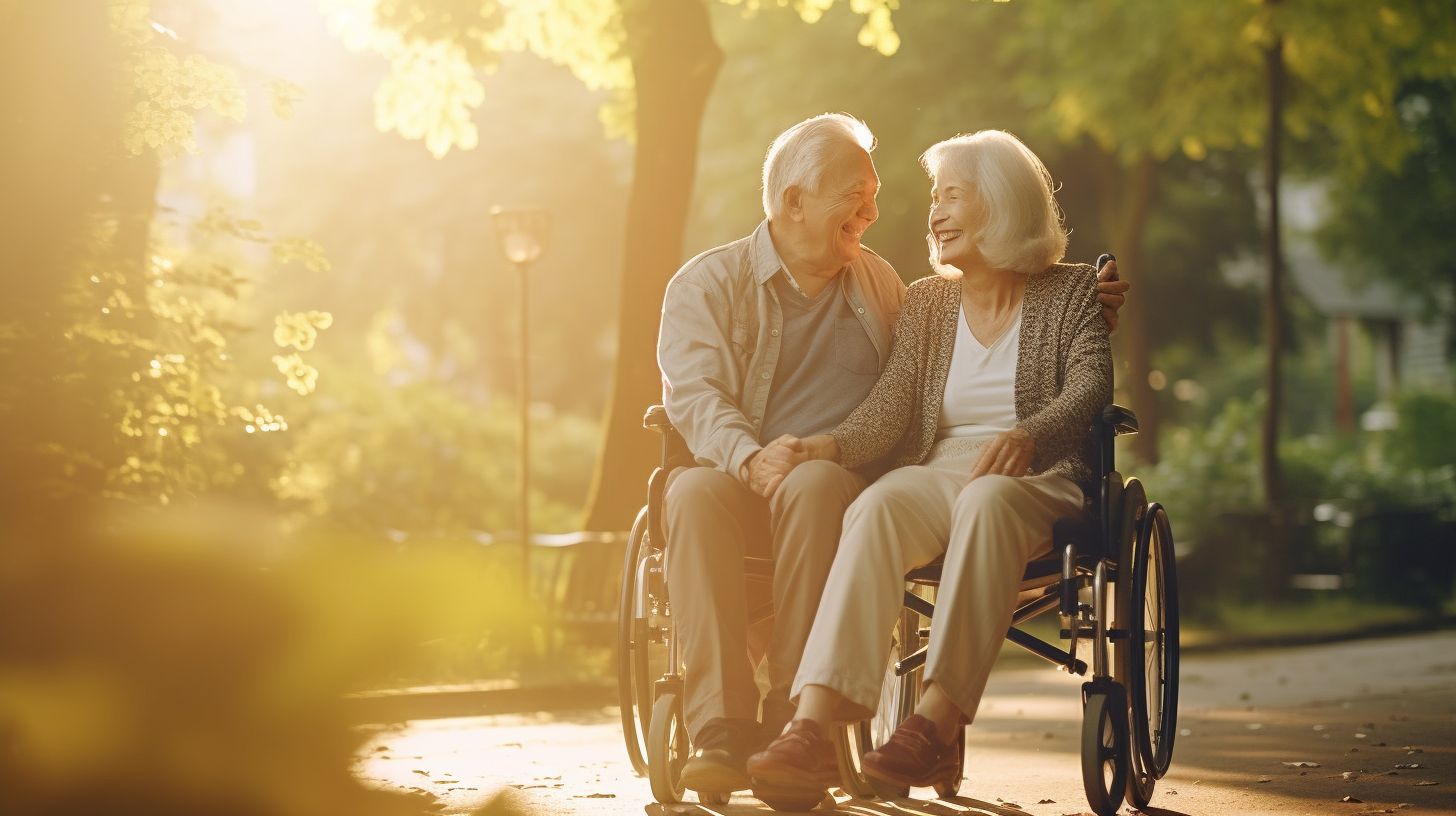 Een gelukkig bejaard echtpaar loopt samen met een rollator in een park.