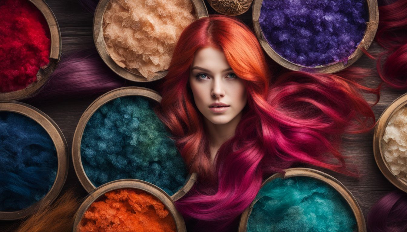 A collection of vibrant hair dyes surrounded by natural botanical elements.
