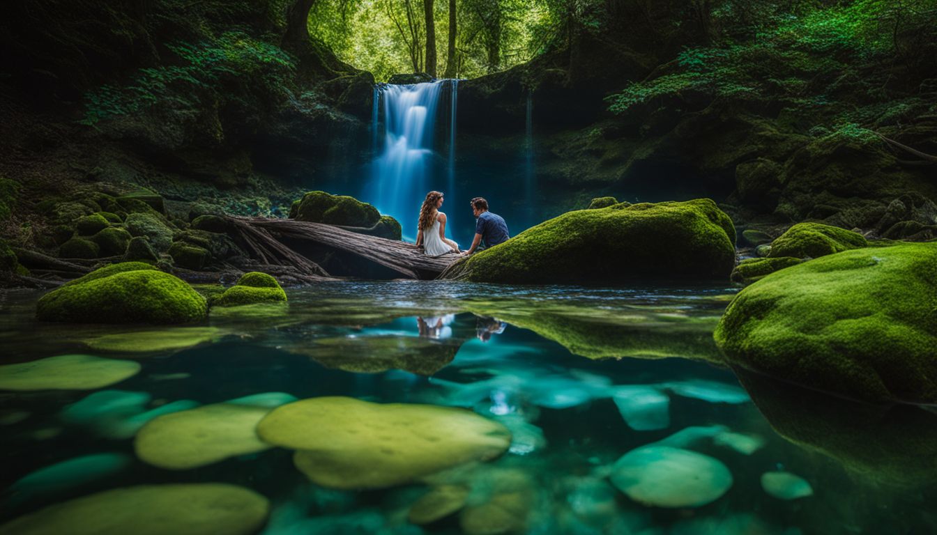 A captivating photo of Indigo crystals submerged in a clear stream surrounded by lush green foliage.