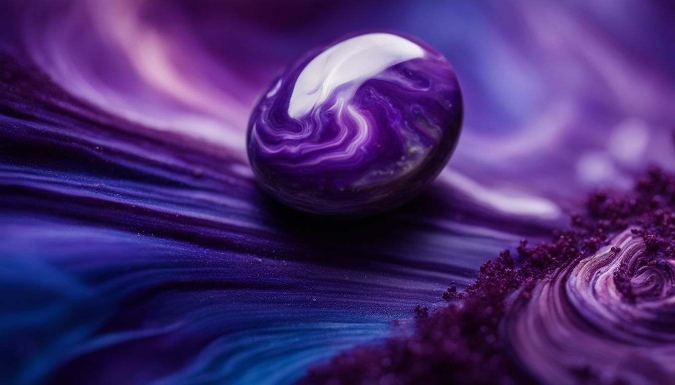 A close-up photo capturing the vibrant purple charoite gemstone against a backdrop of swirling indigo colors.