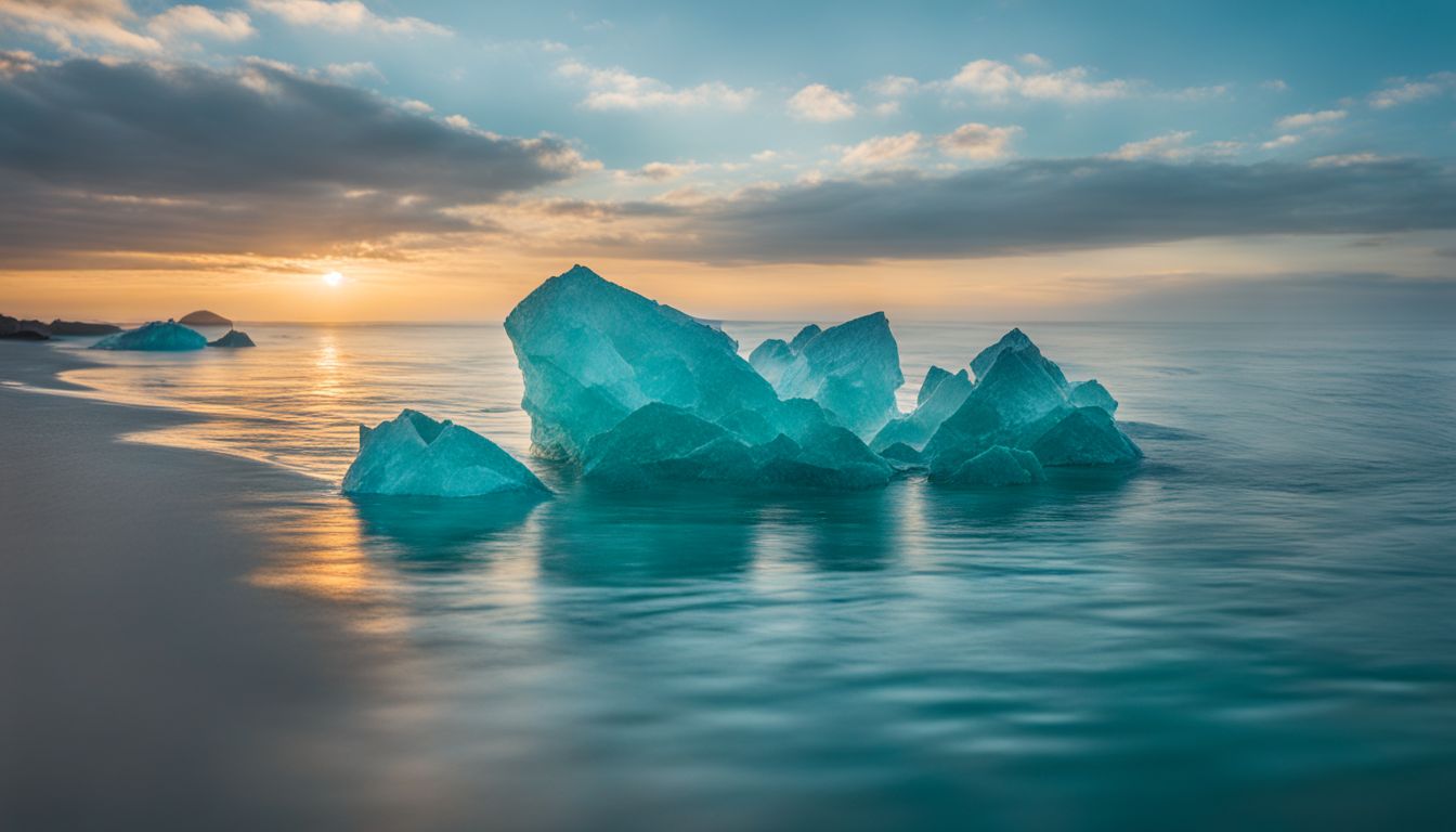 A captivating photo of a cluster of teal crystals surrounded by blue-hued water in a bustling atmosphere.