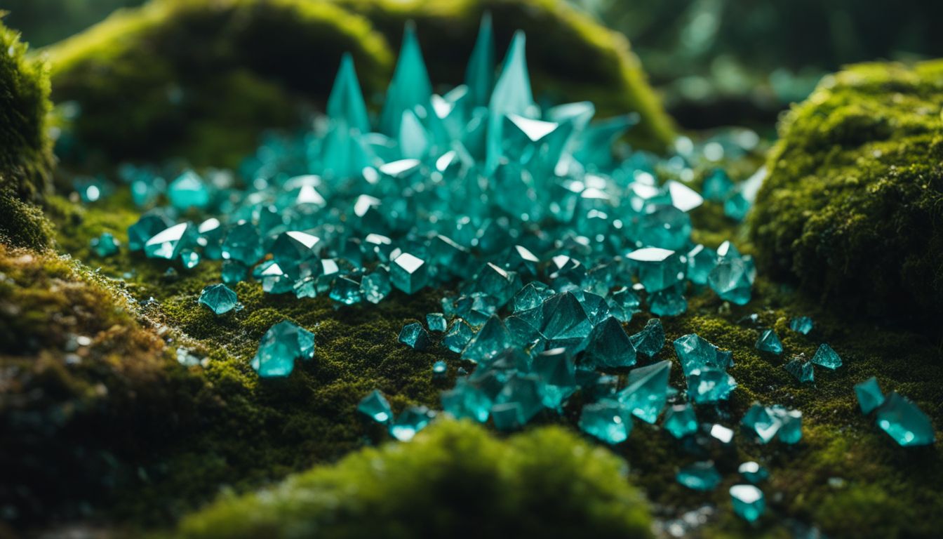 A photo of teal crystals arranged on a mossy forest floor with a variety of people and outfits.