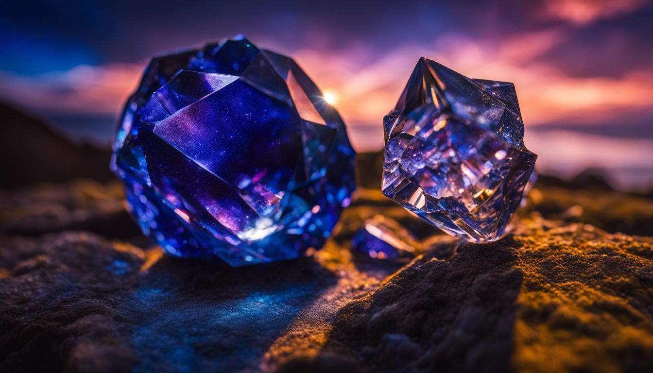 A close-up photo of a vibrant indigo crystal against a backdrop of starry skies, capturing natural beauty.