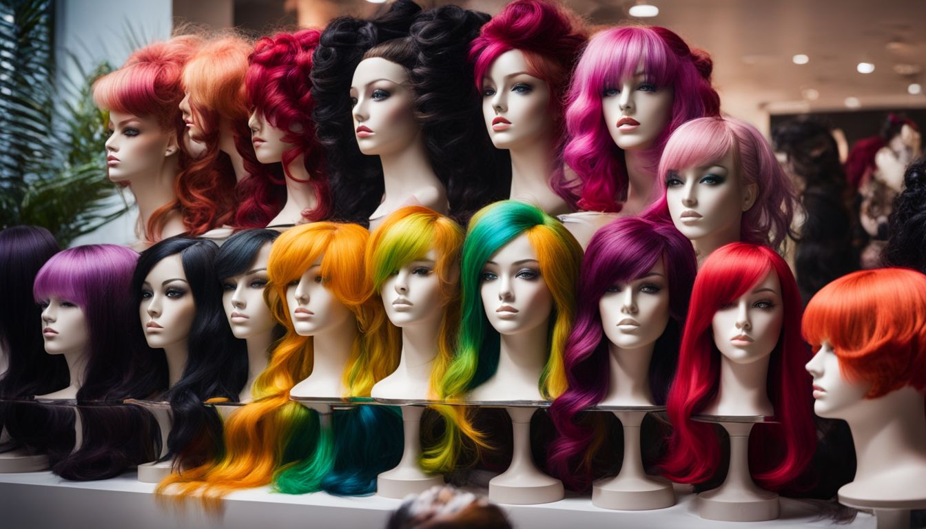 A collection of vibrant hairstyles displayed on mannequin heads.