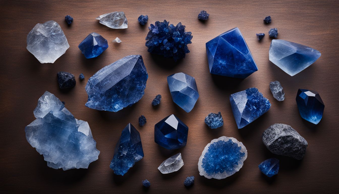 A collection of indigo crystals arranged in a natural, organic setting without any human presence.