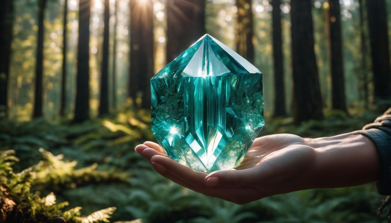 A person holding a teal crystal in a forest with different faces, hair styles, and outfits.