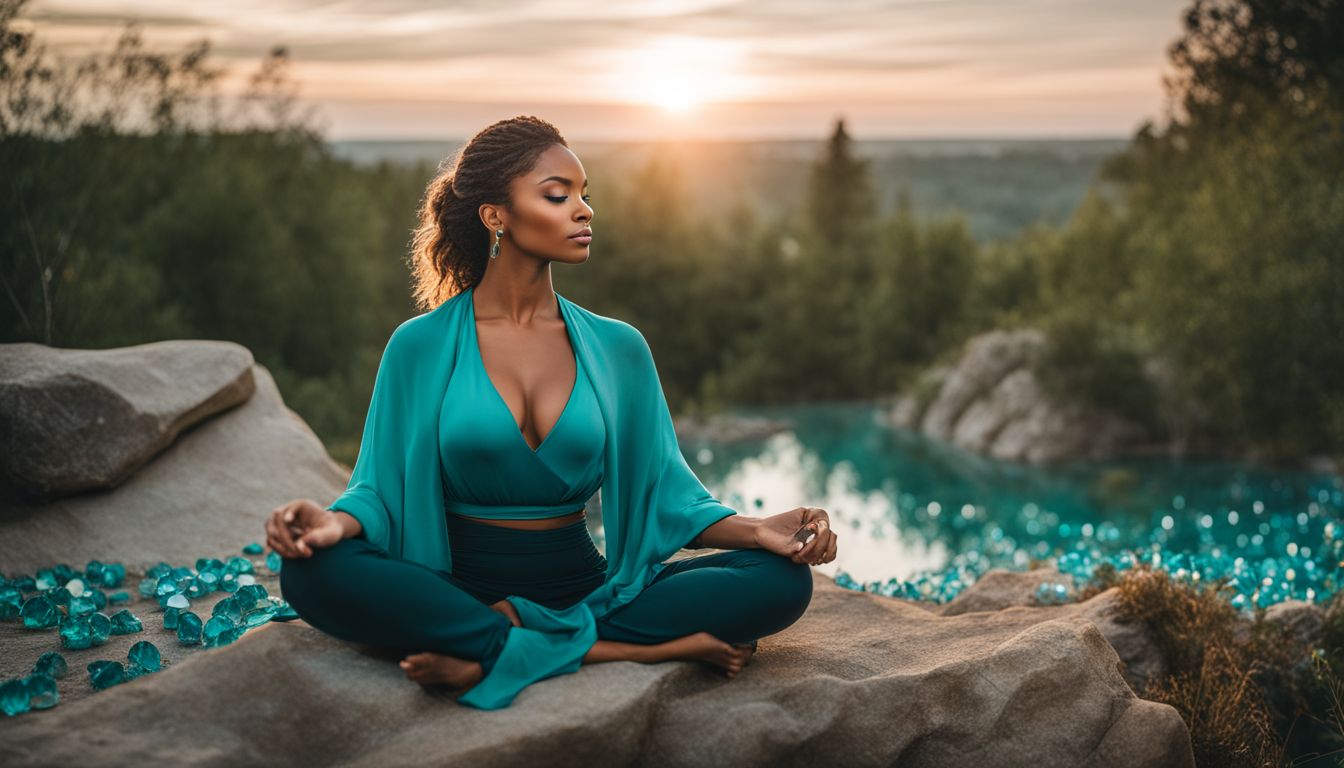 A woman surrounded by teal crystals meditating in a peaceful nature setting.
