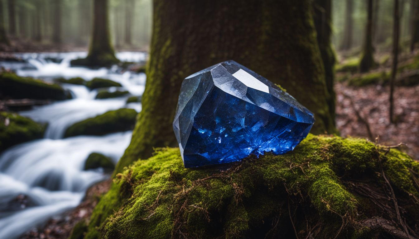 A mystical forest scene featuring an indigo crystal resting on a moss-covered tree stump.
