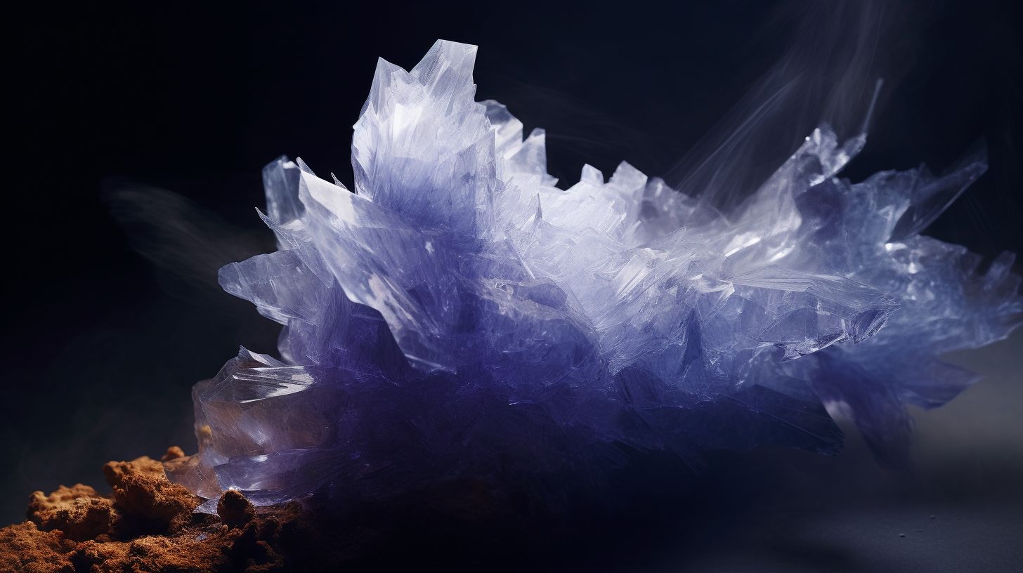 The image showcases a levitating indigo crystal surrounded by misty abstract wisps.