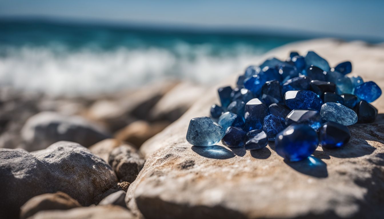 A close-up photo of a cluster of indigo gemstones against a backdrop of a calm ocean.