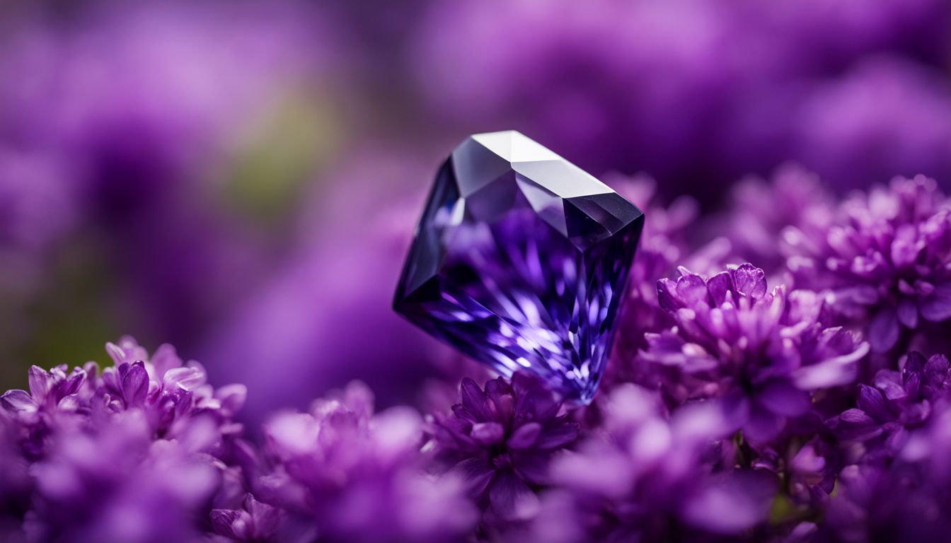 A stunning iolite crystal gemstone displayed on a bed of purple flowers, captured with high-quality photography equipment.