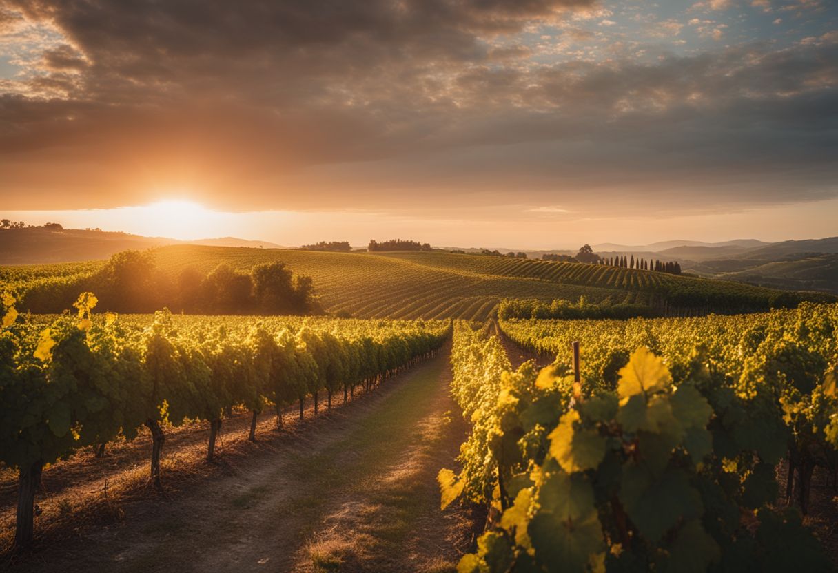 Een foto van een wijngaard bij zonsondergang zonder mensen.
