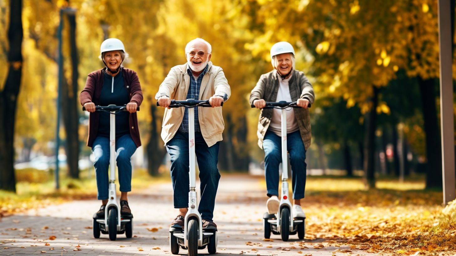 Een groep oudere mensen genietend van het rijden op scootmobielen in een park.