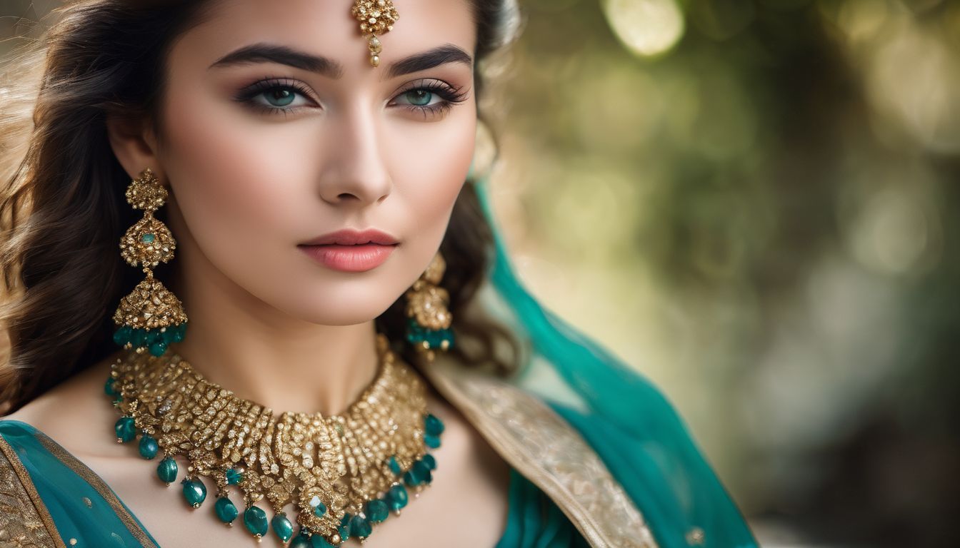 A photo showcasing an elegant woman wearing teal crystal jewelry surrounded by various stones, with highly detailed features and different looks.