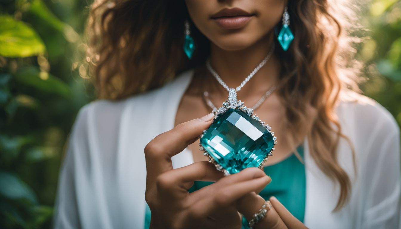 A person holding a teal crystal necklace surrounded by nature and photographed with professional equipment.