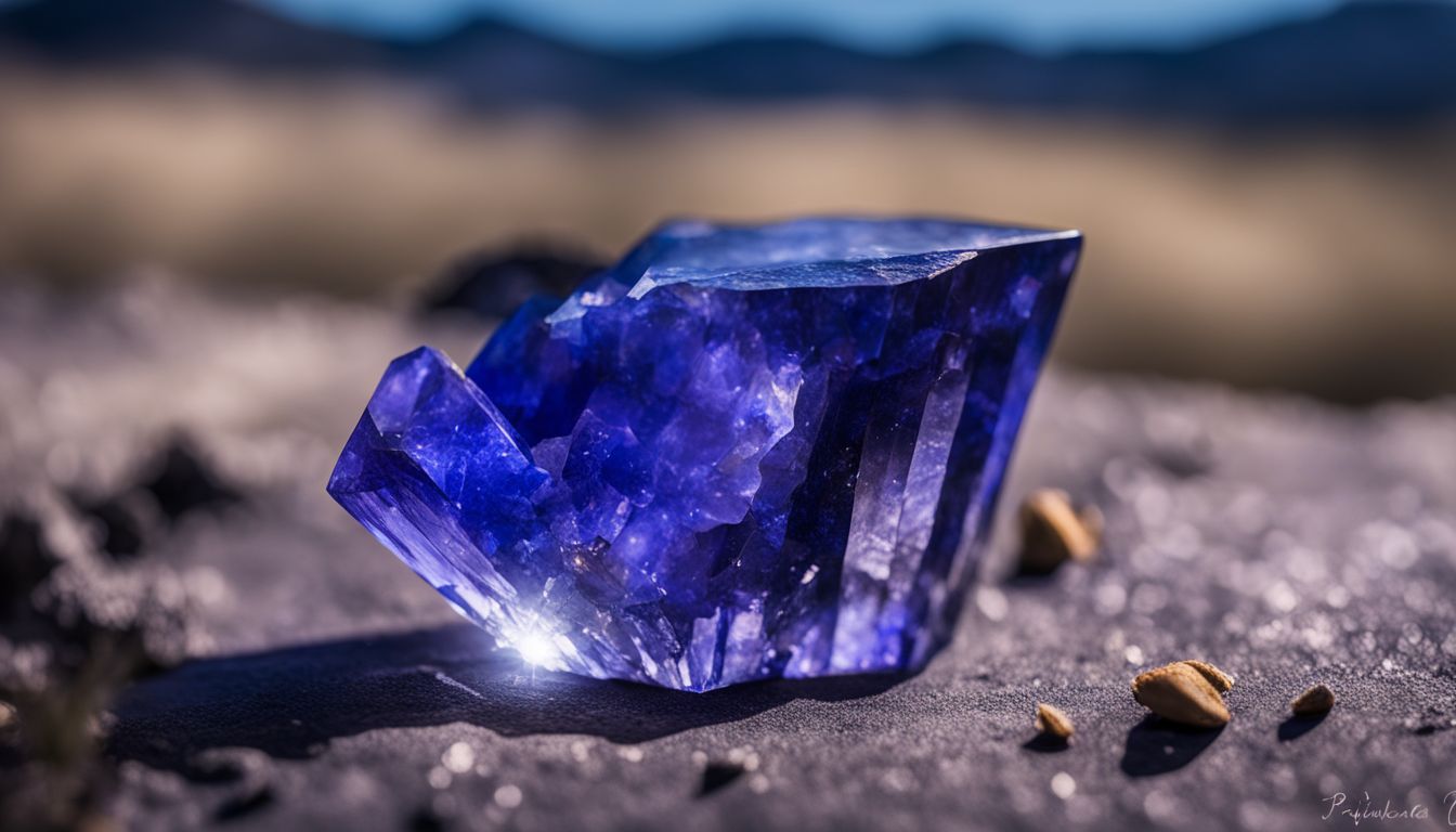 A stunning tanzanite crystal is captured in a captivating nature photograph with a celestial-inspired backdrop.