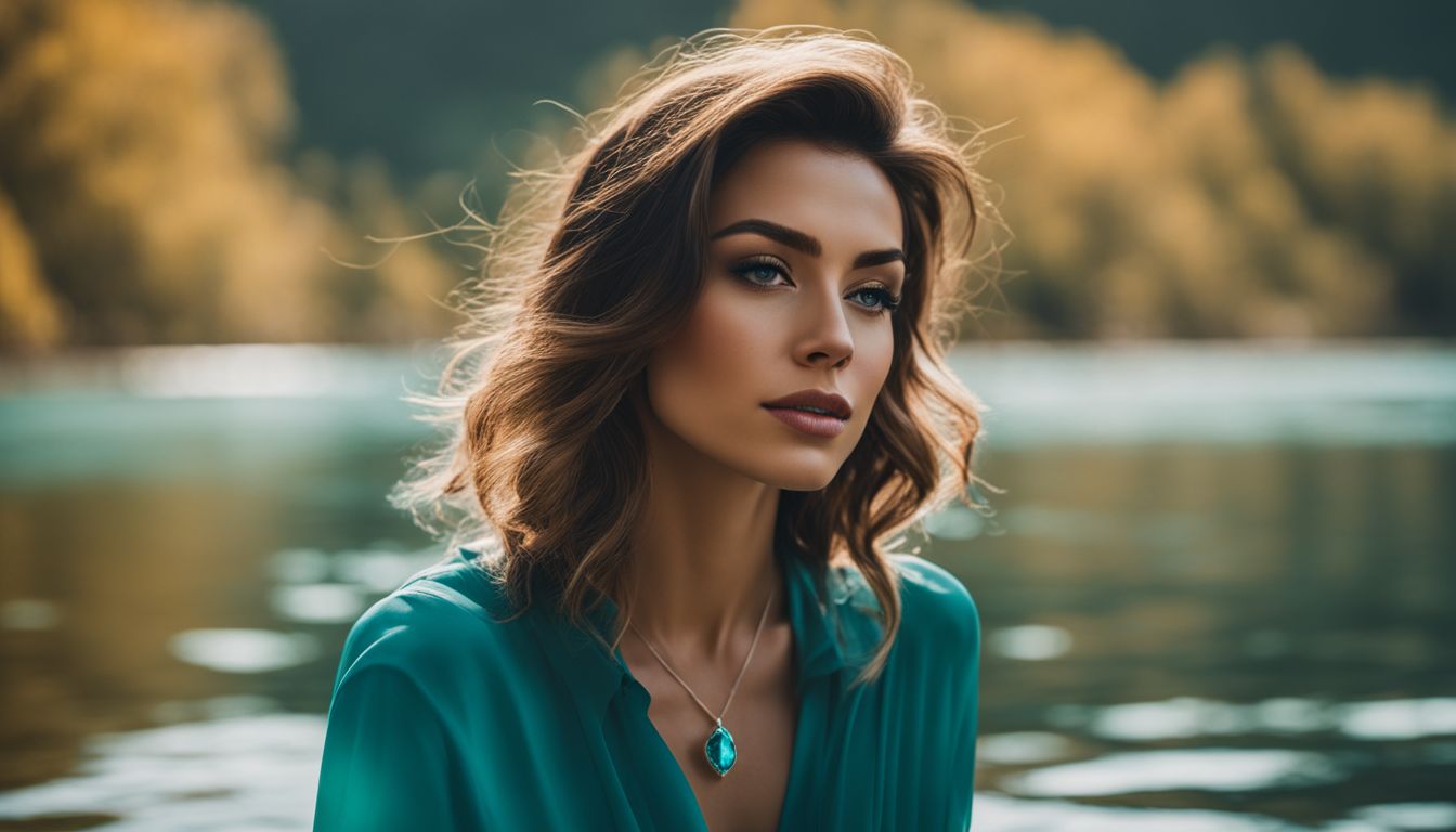 A woman is pictured wearing a teal crystal pendant surrounded by calm waters amidst nature and various people with different styles.