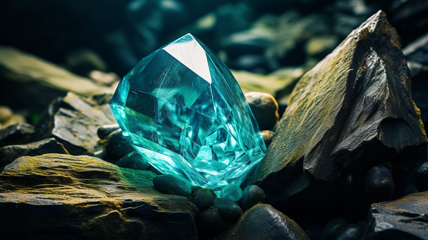 A close-up photograph of a teal crystal on a rugged backdrop in nature.