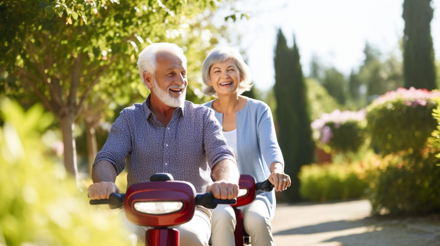 Een ouder echtpaar rijdt lachend op een gehuurde mobiliteitsscooter door een levendig park.