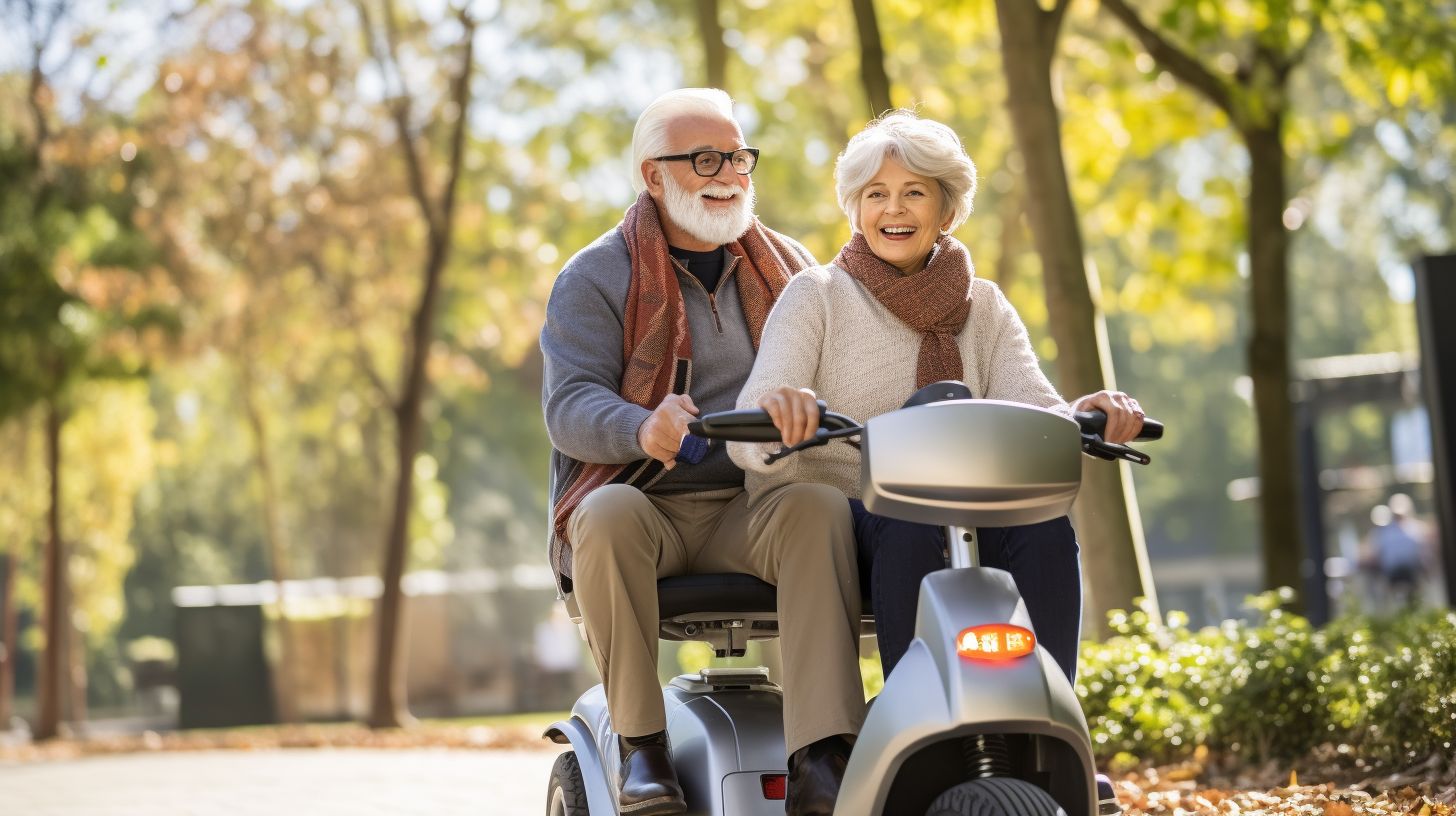 Een gelukkig ouder echtpaar rijdt op een scootmobiel in het park.