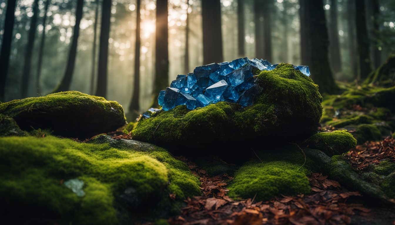 A tranquil woodland scene featuring indigo crystals on a moss-covered rock, captured in stunning detail.