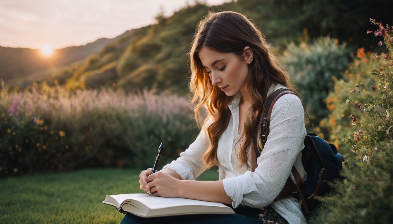 A person peacefully enjoys nature while writing in their journal.