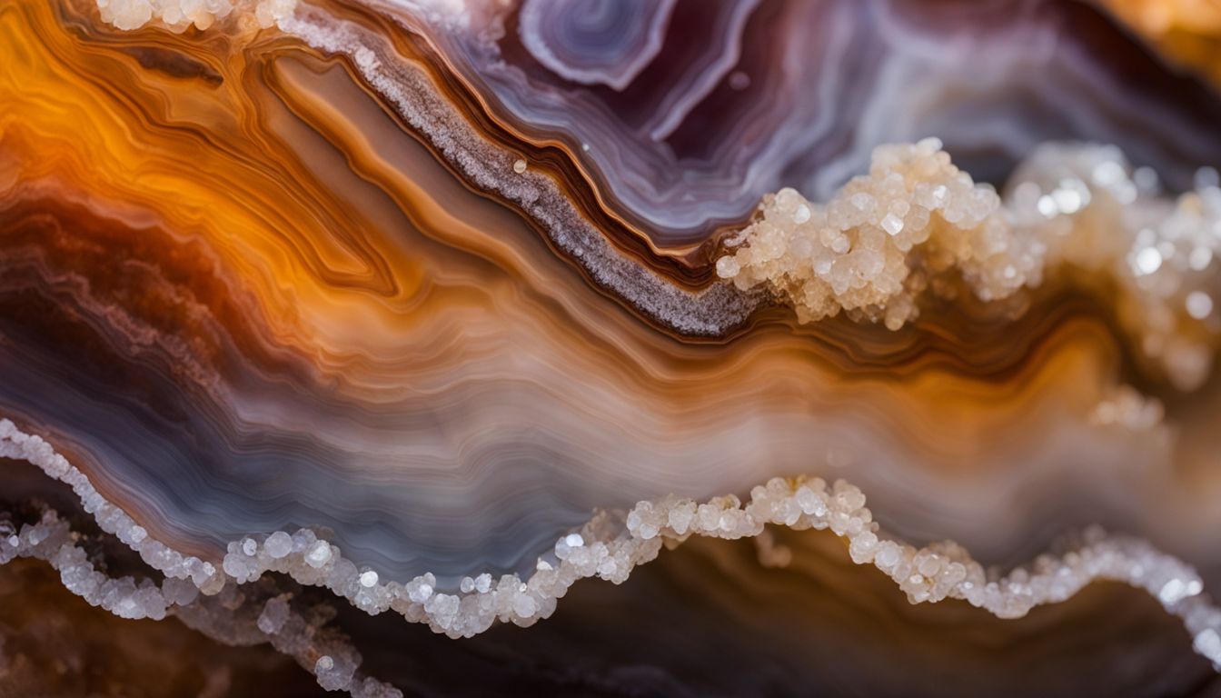 A close-up photo of a vibrant Brazilian Tube Agate crystal with various colors and textures.
