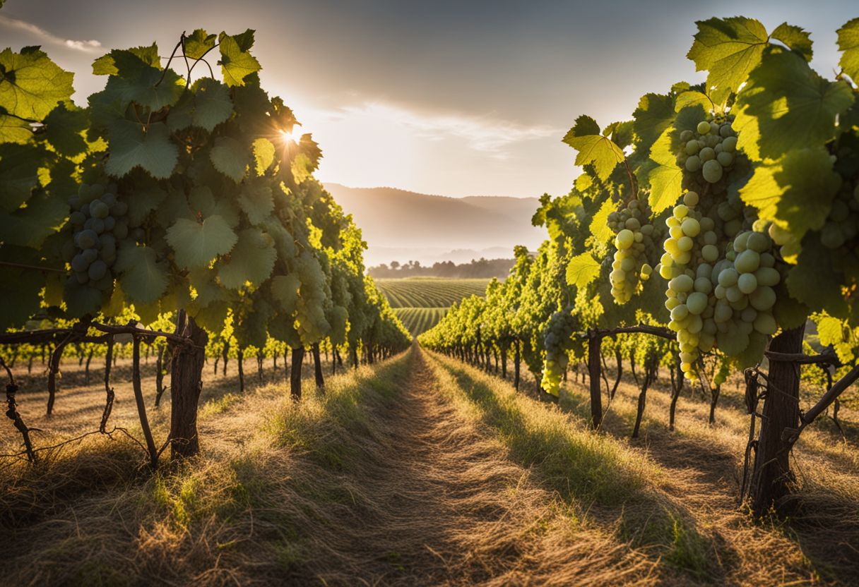 Een foto van een wijngaardlandschap met wijnstokken, zonder mensen.