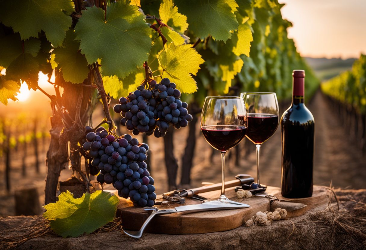Een foto van een wijngaard bij zonsondergang met druiventrossen en wijnmaakgereedschap.