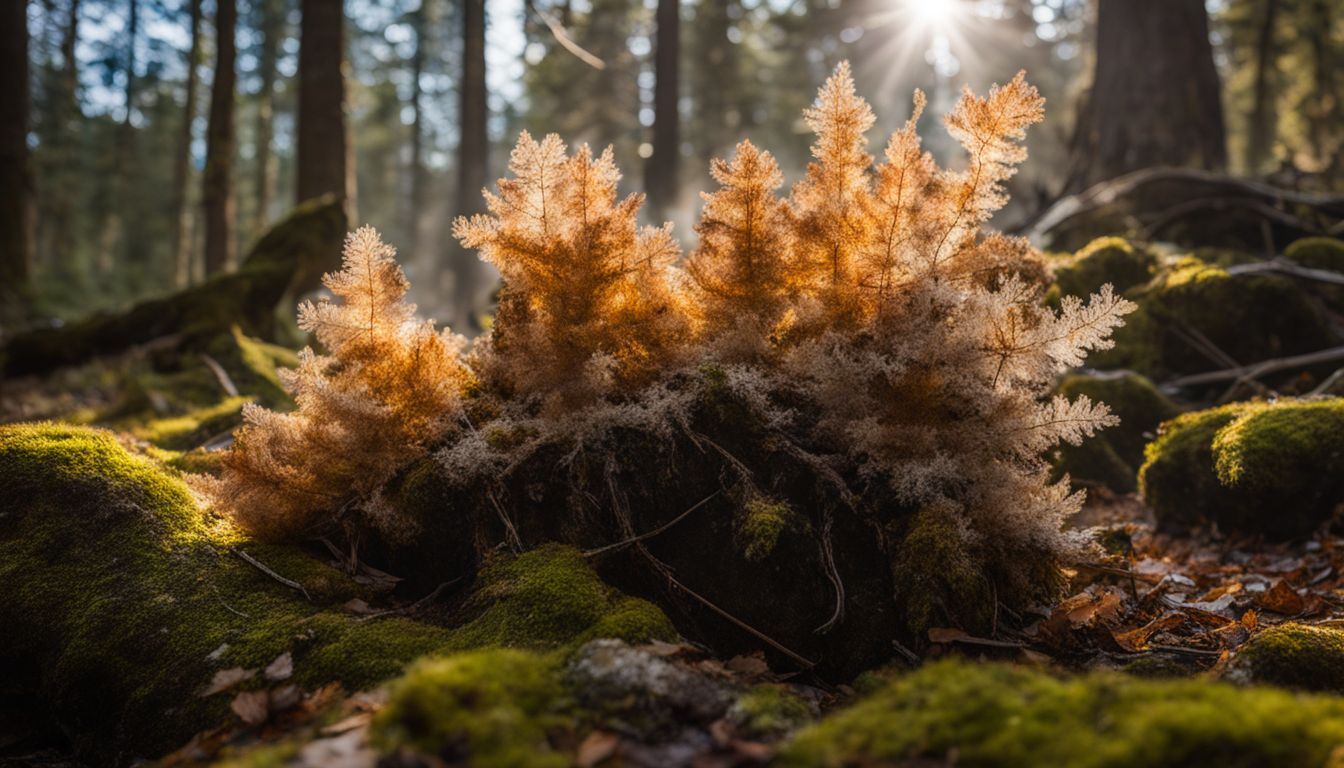The photo showcases Graveyard Plume Agate on a mossy forest floor, captured in a photorealistic style.