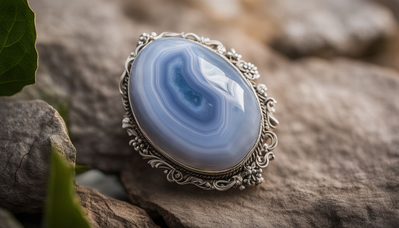 A close-up photo of a Holly Blue Agate stone surrounded by serene nature.