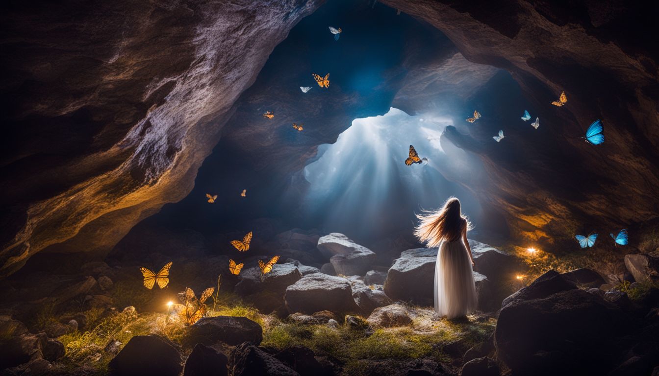 A stunning photo featuring an Iris Agate crystal surrounded by shimmering butterflies in a dimly lit cave.