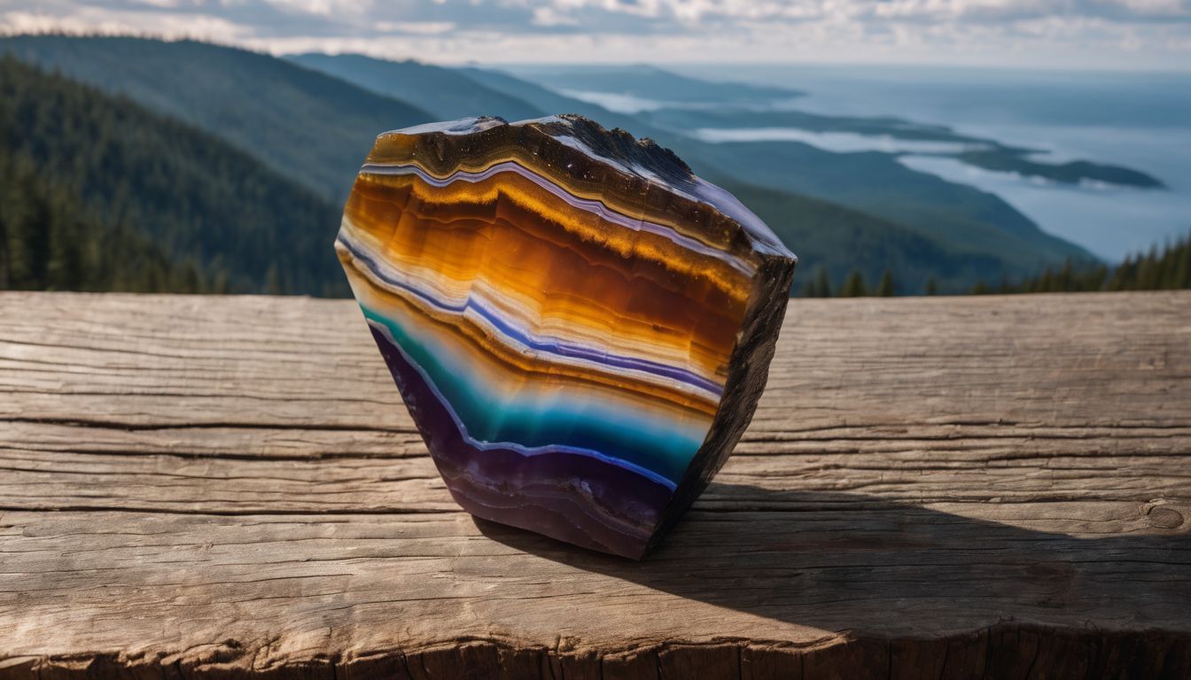A vibrant rainbow-like banded Iris Agate specimen displayed on a rustic wooden table.