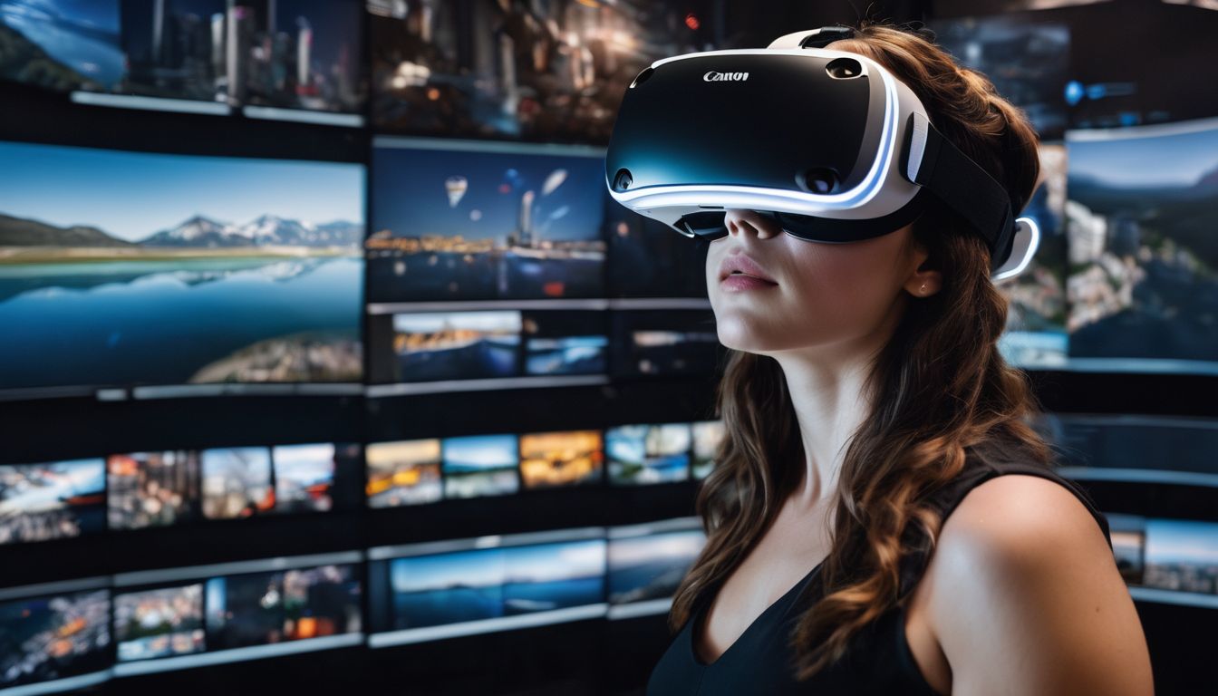 A person immersed in a virtual reality world surrounded by unique experiences.