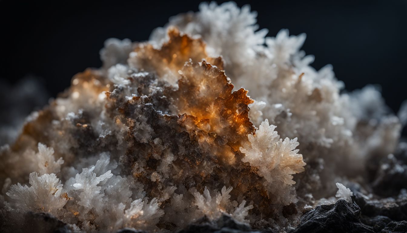 A close-up photo of a polished Graveyard Plume Agate stone against a dark background.