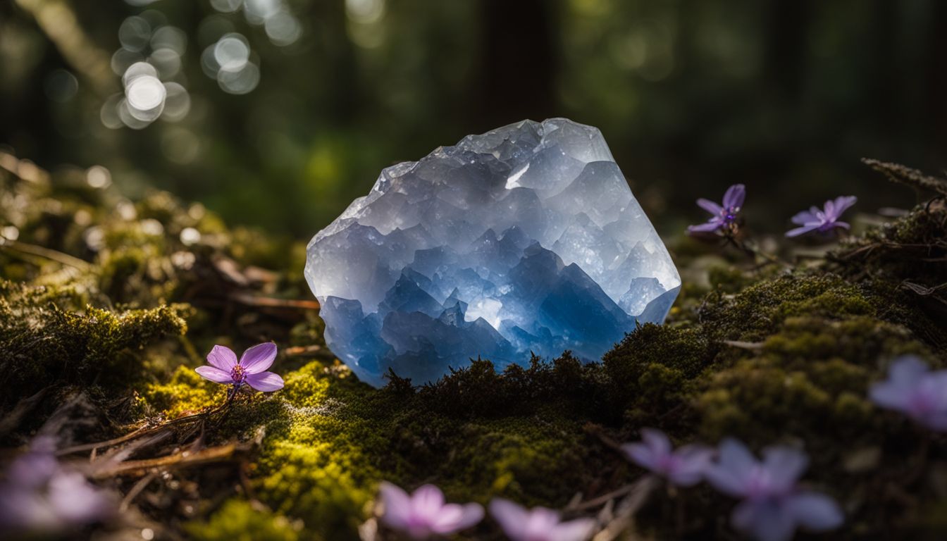 A stunning photograph featuring Holly Blue Agate crystals surrounded by wildflowers in a mossy forest.